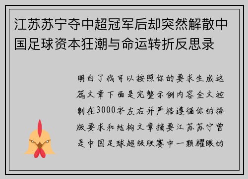 江苏苏宁夺中超冠军后却突然解散中国足球资本狂潮与命运转折反思录