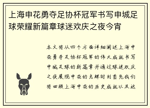 上海申花勇夺足协杯冠军书写申城足球荣耀新篇章球迷欢庆之夜今宵